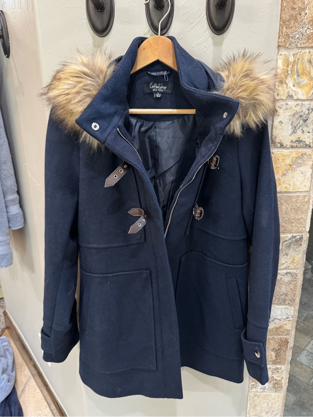CoffeeShop Navy Pea Coat with Faux Fur Trim Hood (removable)